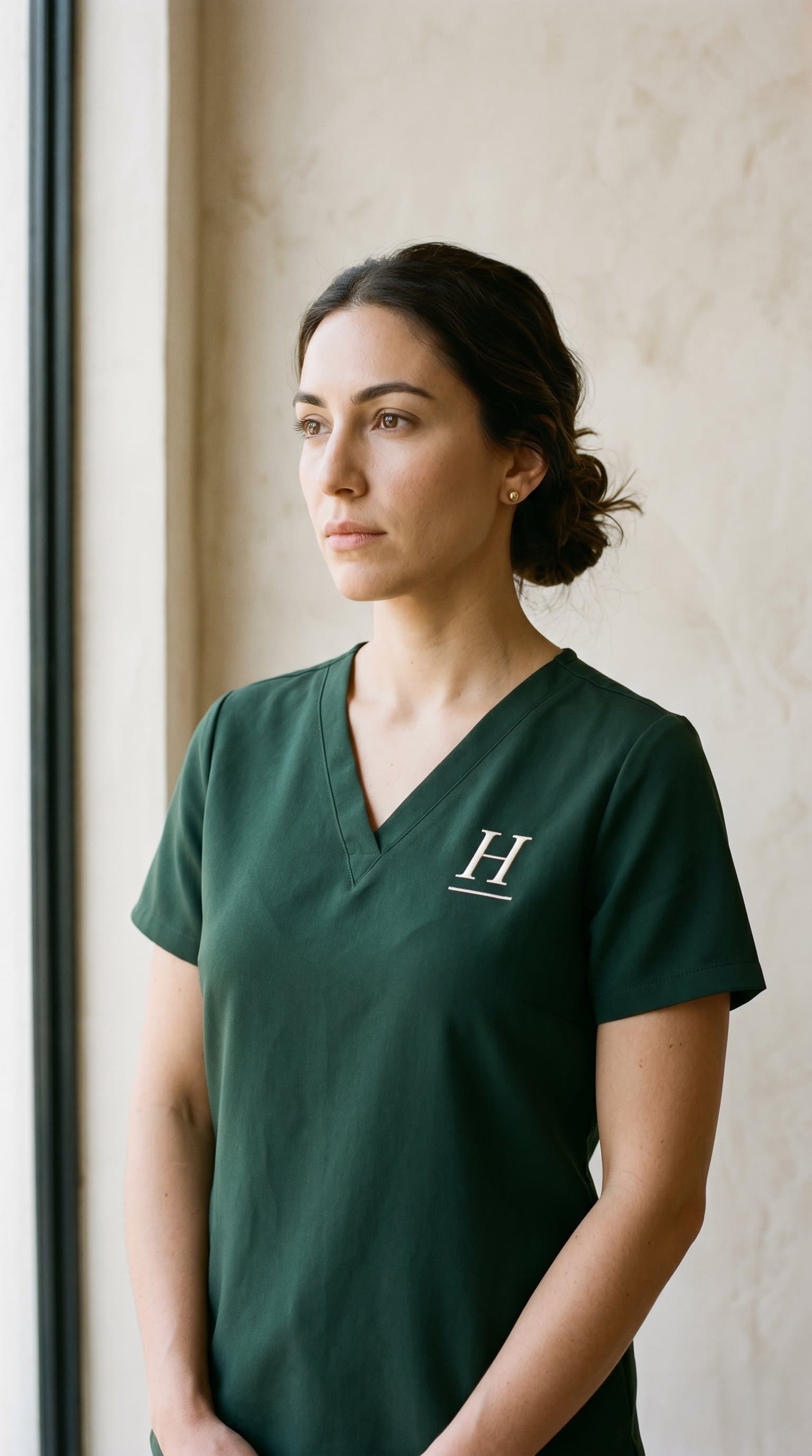 Aesthetic medicine nurse photographed in Herald forest green V-neck scrub top with embroidered H monogram, natural window light, warm bone-colored plaster wall background